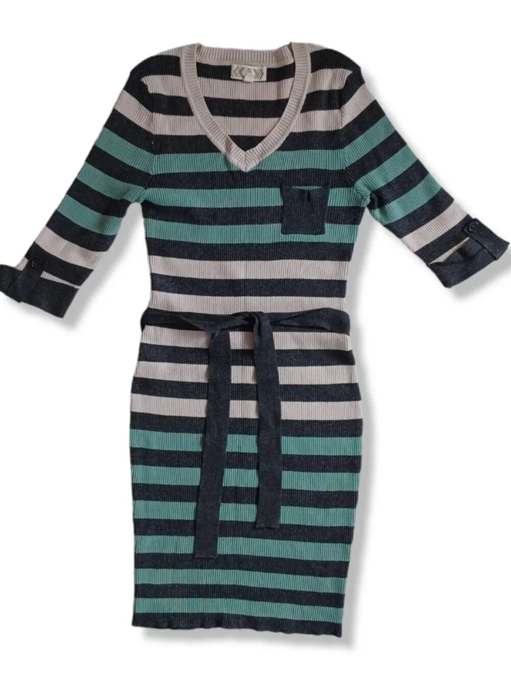 Pink Rose Big Girls Sweater Dress Ribbed Knit Striped Gray Green Bodycon Size L